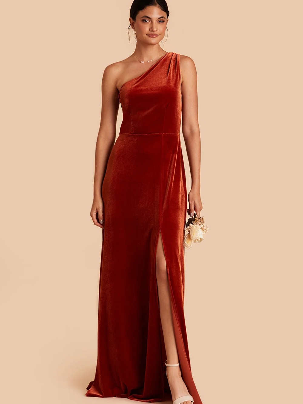 Birdy Grey One-Shoulder Velvet Gown in Rust